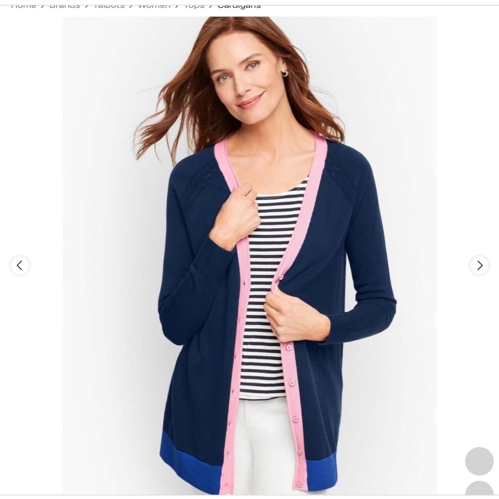Talbots Navy Cardigan with Pink Trim and Blue Hem